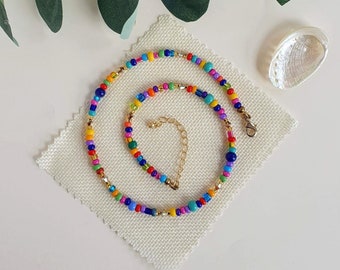 Multicoloured beaded necklace 14 K gold filled | Colourful glass beaded necklace for women | Summer necklace colourful | Handmade jewellery