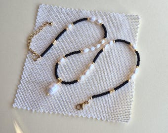 Black and gold seed bead necklace: freshwater pearls, 3mm glass beads and crystals with pearl pendant