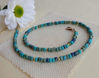 Dainty beaded necklace - 4mm glass seed beads - teal, turquoise, blue and green - handmade