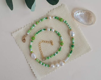 Green beaded necklace - freshwater pearls and green and white beads