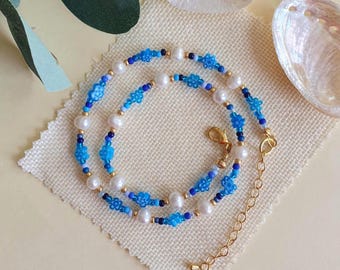 Millefiori necklace: freshwater pearls and beads - Royal blue necklace - Flower necklace - Blue beaded necklace