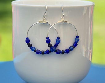 Beaded hoop earrings blue  - Cobalt blue earrings dangle - Blue seed bead hoop earrings for women