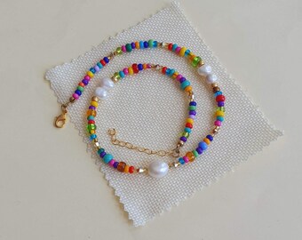 Pearl beaded necklace - freshwater pearls and glass beads | Colourful necklace for women