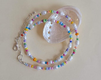 Pearl beaded necklace sterling silver - freshwater pearls and colourful beads - handmade beaded jewellery UK