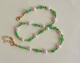 Green beaded necklace 14k gold filled - freshwater pearls and green Millefiori beads