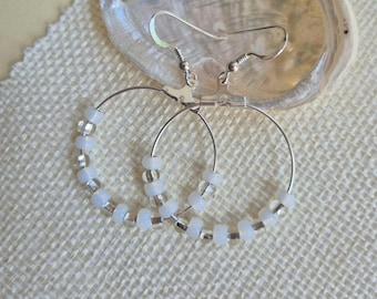 Beaded hoop earrings white and silver - White seed bead hoop earrings