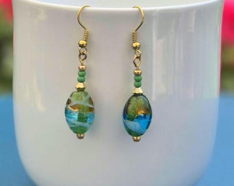 Fused glass earrings: royal blue, emerald green and gold