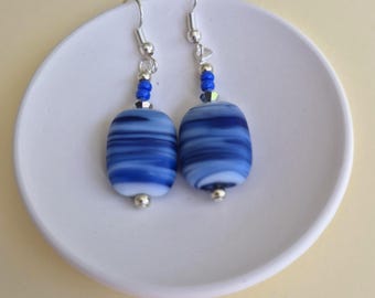 Cobalt blue earrings: sterling silver ear - Blue Swirl Earrings, Lampwork Dangle Earrings - Rectangular Bead Earrings