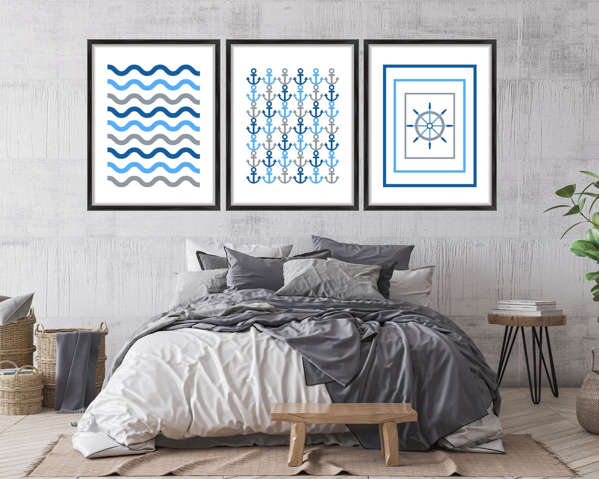 Set of 3 / Tema Náutico / Azul y Gris / Digital Wall Art | Etsy