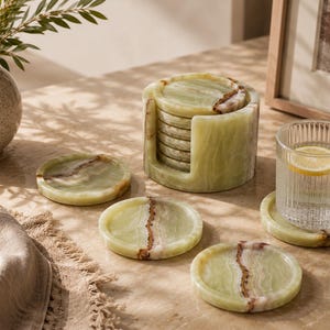Natural Stone Coaster Set with Holder, Green Onyx Marble Drink Coasters