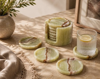 Natural Stone Coaster Set with Holder, Green Onyx Marble Drink Coasters