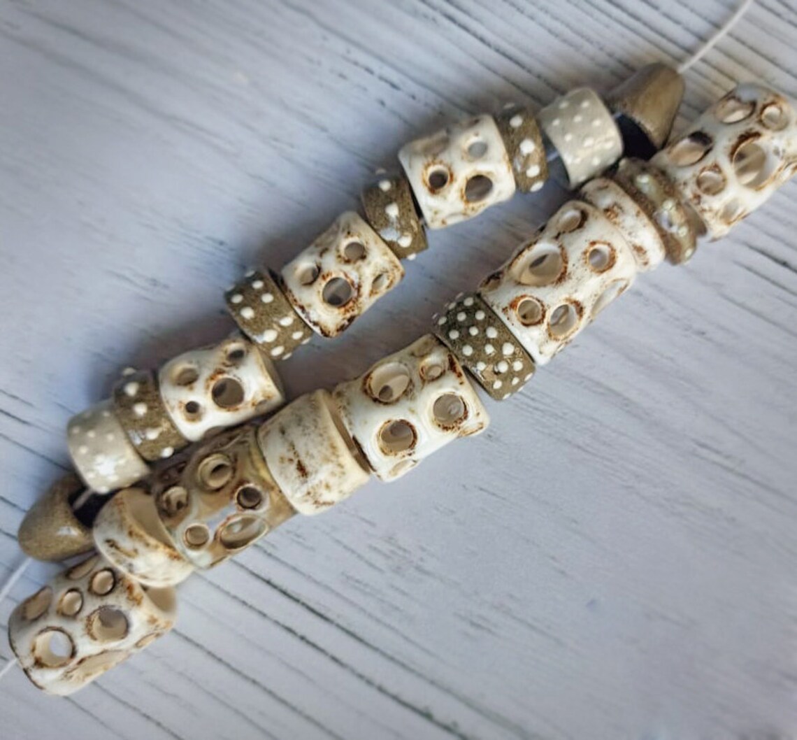 Set white brown ceramic tube beads large hole macrame beads Etsy