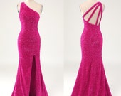 Hot Pink Prom Dress, Mermaid Dress, Glitter Dress, Long Dress, Prom Dress, Night Dress, Evening Dress, Party Dress
