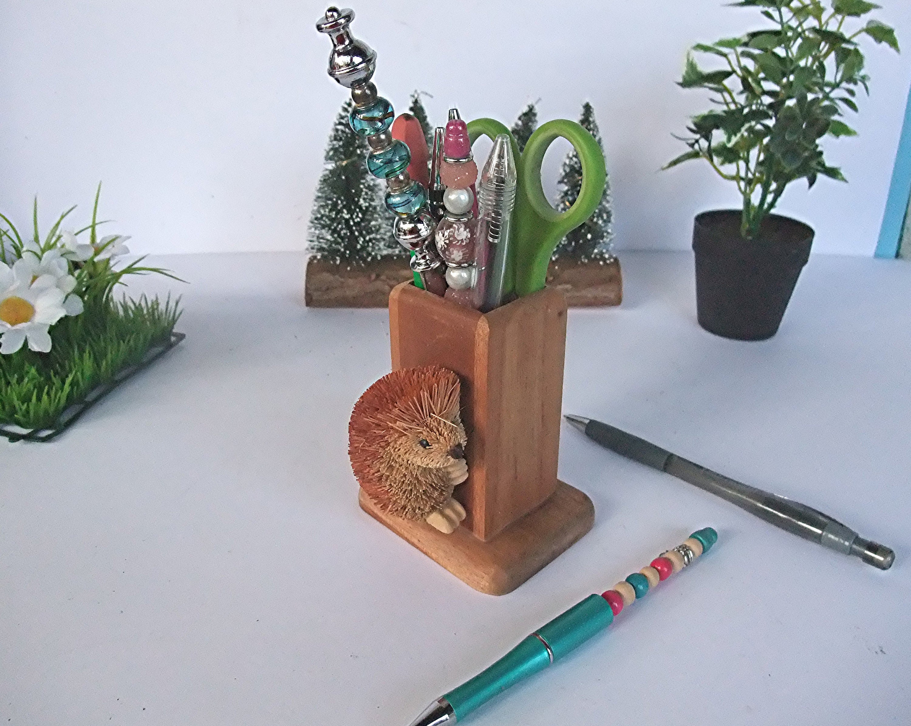 Porte Crayons en Bois Vintage avec Hérisson Pour Bureau