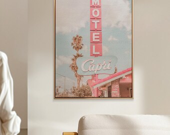 California Pink Retro Motel Sign FRAMED and UNFRAMED CANVAS, luxury photo wall art ready hang, palm trees, playful beach house airbnb decor