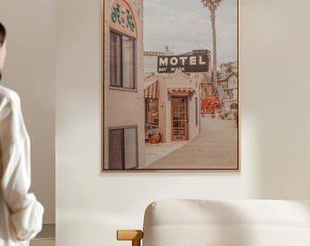 California Motel FRAMED and UNFRAMED CANVAS, wall art ready to hang, west coast adobe palm tree, dreamy pastel pink, retro airbnb decor