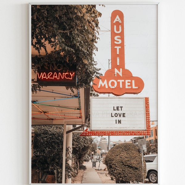 Austin Motel : Let Love In | Texas Photography | Luster Print || south congress decor, soco sign, boho red quote wall art, travel gift her