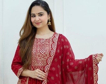 Pakistani Bollywood Designer Embroidery Work Salwar Kameez Indian Women Wedding Party Wear Fully Stitched Red Kurti Palazzo Dupatta Dress