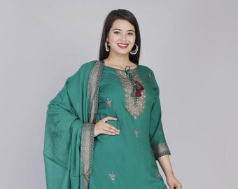 Diwali Festival Party Wear Women Designer Salwar Kameez Indian Bollywood Designer Printed Work Green Color Rayon Kurti Sharara Dupatta Dress