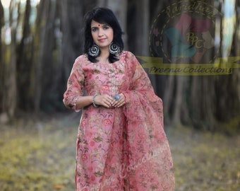 Mothers Gift Dress Beautiful Printed Work Women Designer Organza Fabric Straight Women Kurti Palazzo Dupatta. Fully Readymade Salwar Kameez