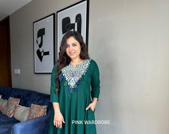 Indin Bollywood Designer Embroidery Work Women Kurti With Palazzo Cord Set Diwali Wedding Festival Wear Fully Readymade Green Salwar Kameez