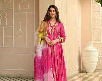 Pakistani Wedding Diwali Festival Party Wear Women Designer Anarkali Gown Pink Women Kurti Palazzo Dupatta Fully Readymade Salwar Kameez Set