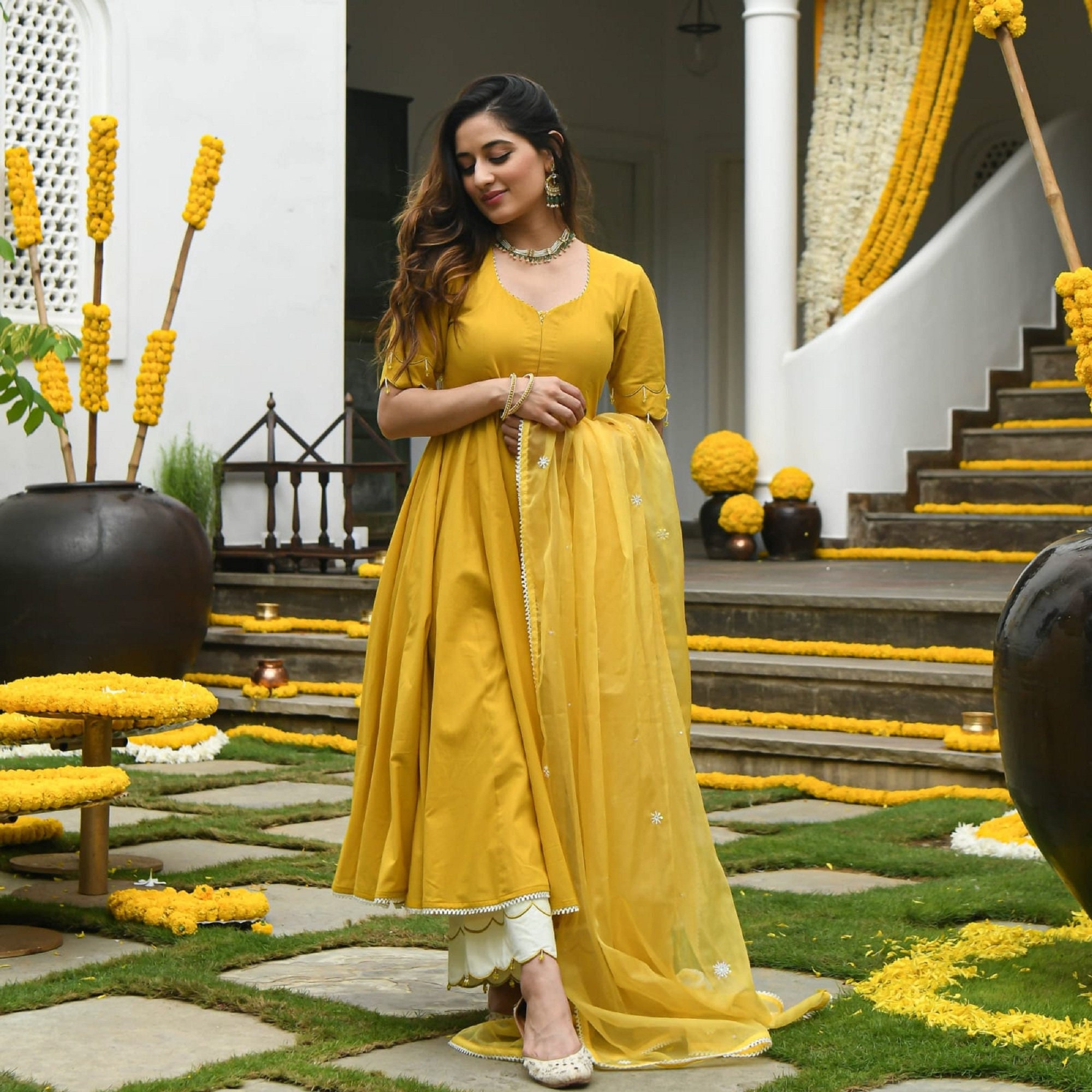 White and shop yellow punjabi suit