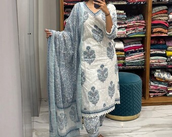 Printed Work Indian Women Wedding Festival Party Wear Salwar Kameez Suit Pakistani Designer Cotton Kurti Pant Dupatta Fully Readymade Dress