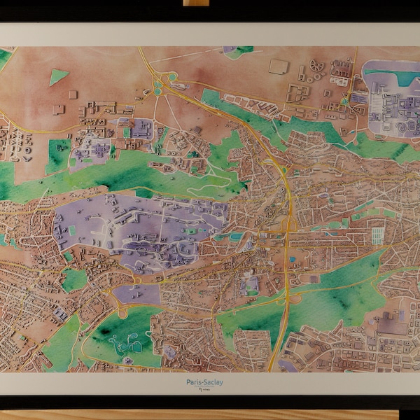 Karte der Universität Paris-Saclay 3D Pastellfarben mit Rahmen