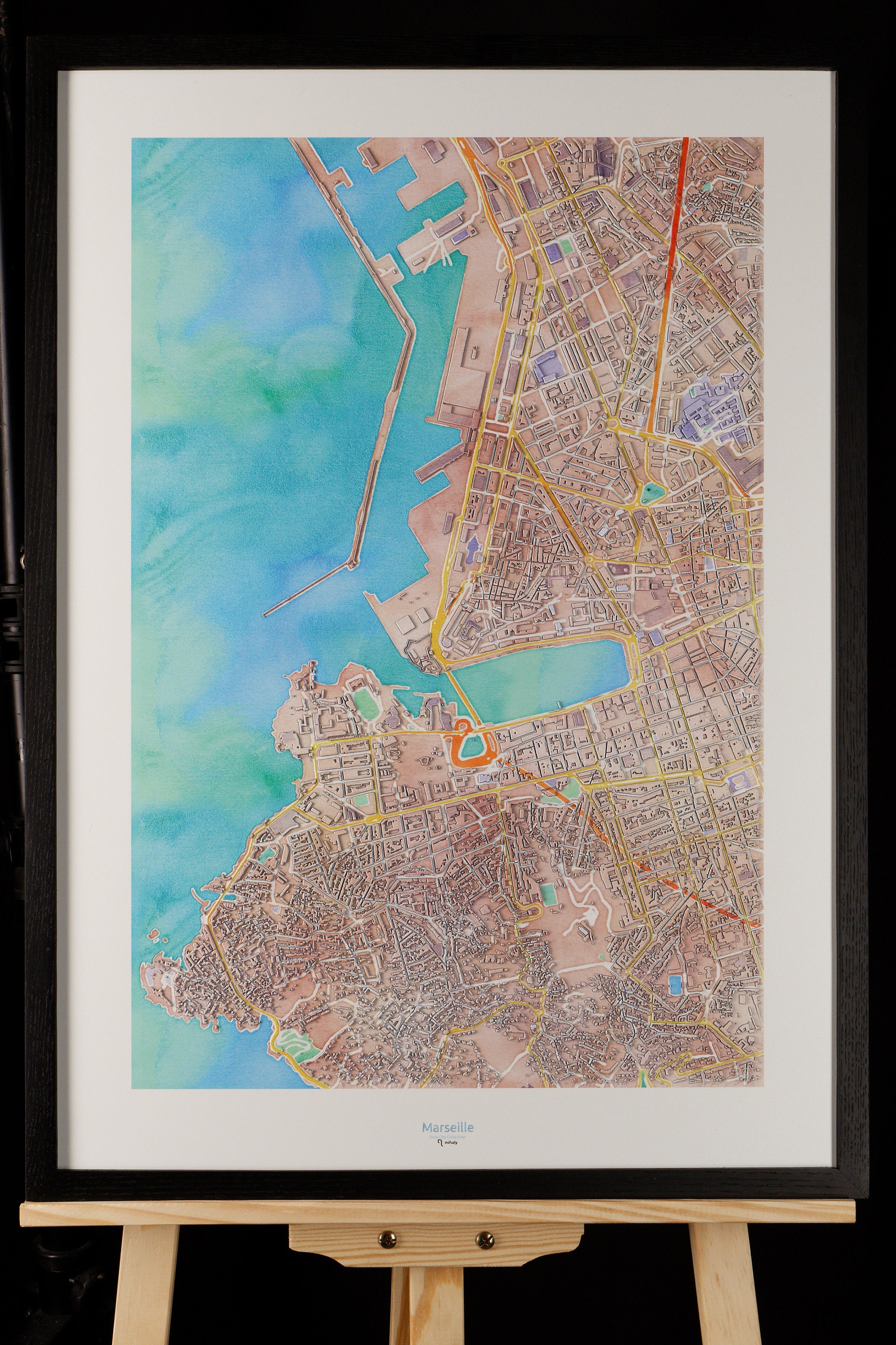 Carte de Marseille en 3D Couleurs Pastel avec Cadre