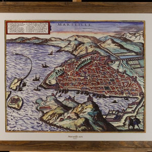 Carte décorative 3D de Marseille en 1575 avec cadre en bois