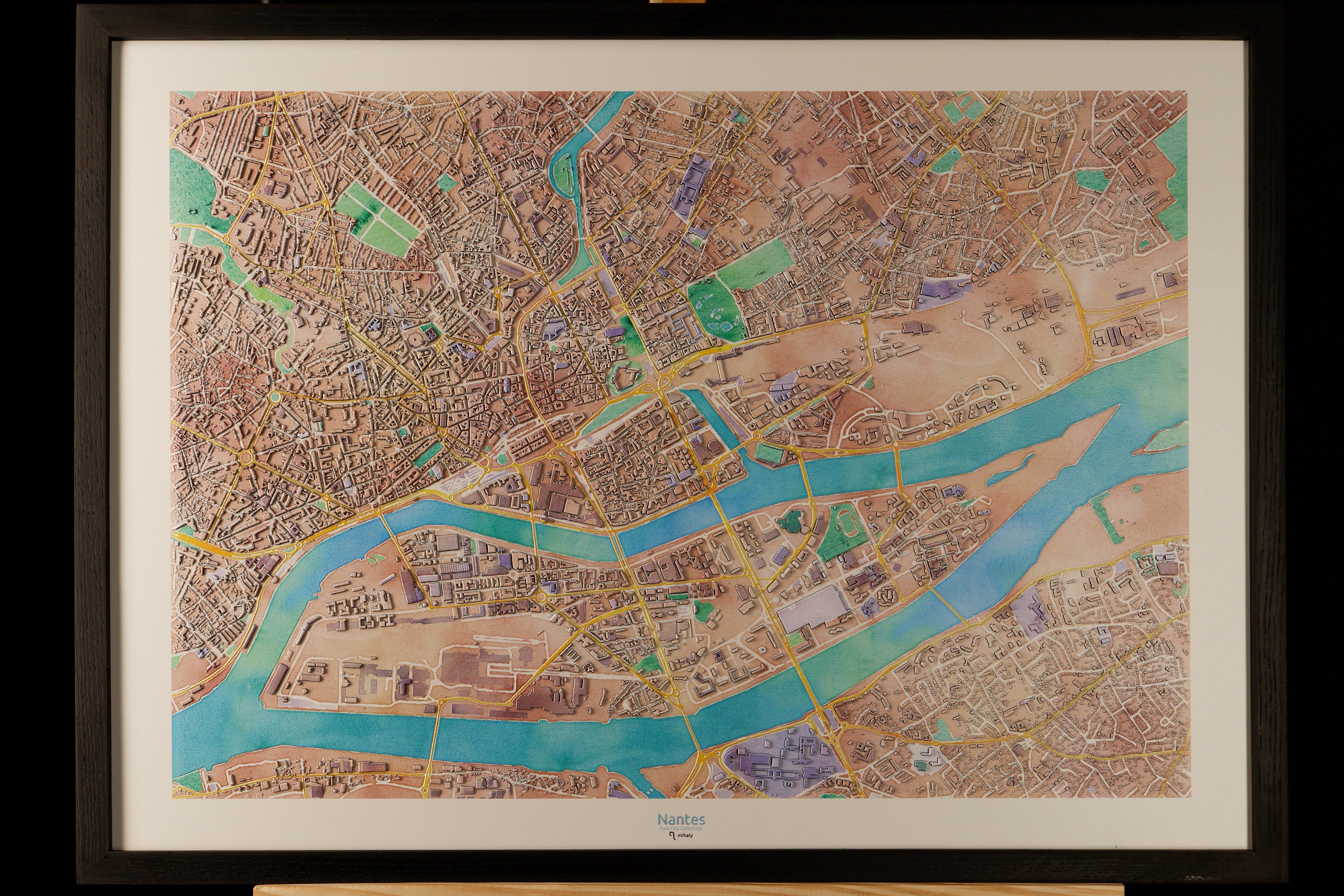 Carte de Nantes en 3D Couleurs Pastel avec Cadre