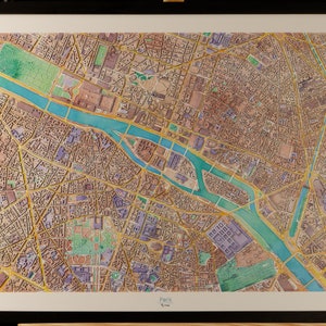 Carte du centre de Paris en 3D couleurs pastel avec cadre