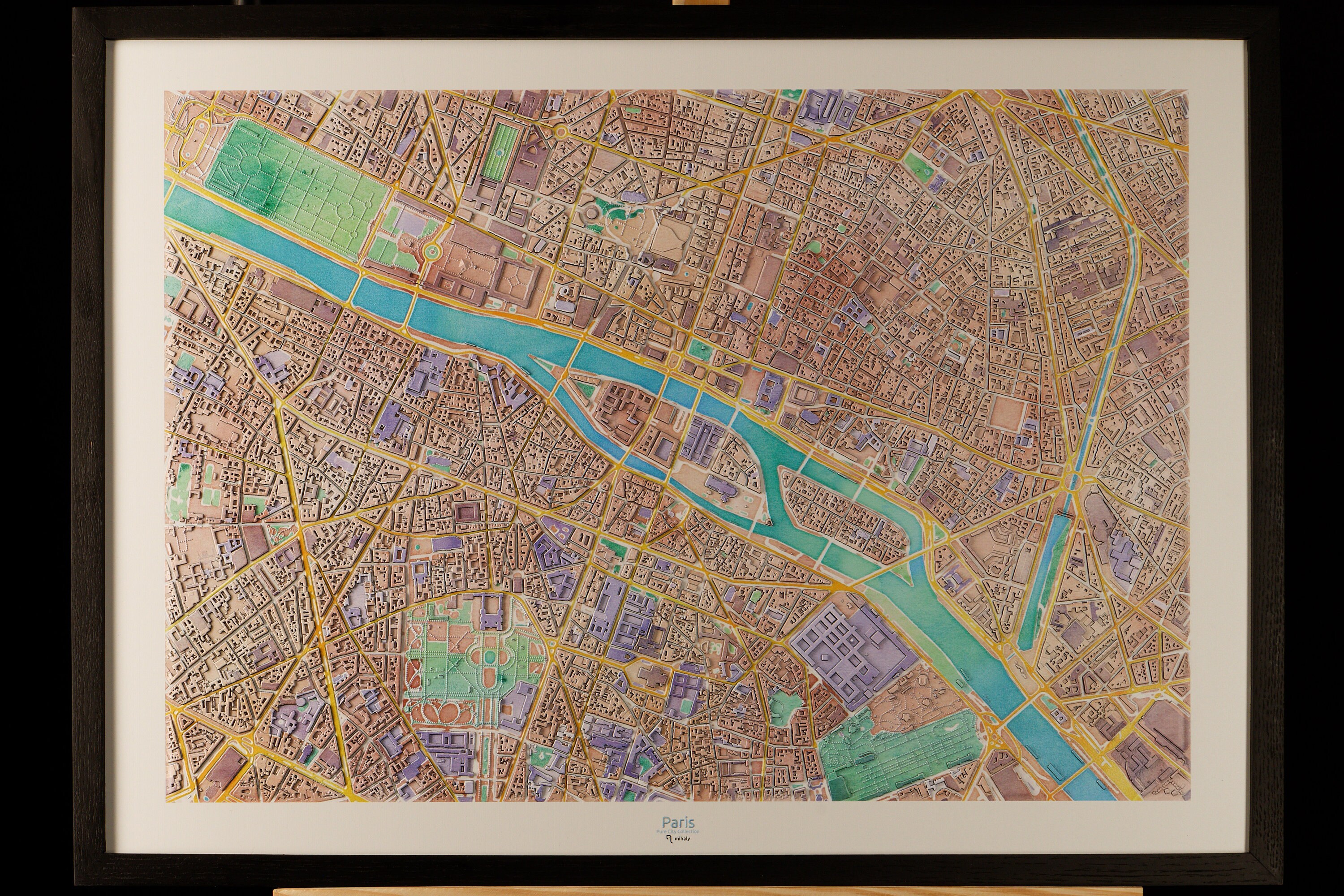 Carte Du Centre de Paris en 3D Couleurs Pastel avec Cadre