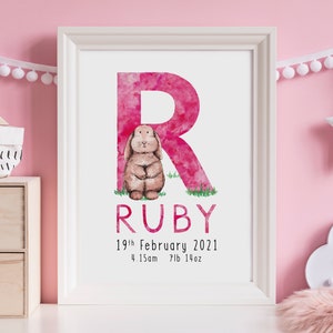 Newborn Baby Girl Gift | Personalised Print | Animal Illustration Name Gift | Custom Newborn Baby | Initials | Birth Details | Rabbit | Pink