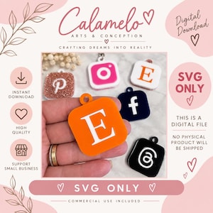 May include: A collection of square-shaped charms featuring various icons and letters, including a bright orange charm with a white letter E, a dark blue charm with a white letter f, a black charm with a white symbol, and a pink Instagram logo charm.
