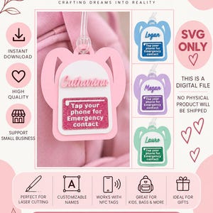 May include: A digital SVG file for a backpack-shaped luggage tag with a customizable name and a rectangular area featuring the text: Tap your phone for Emergency contact. The design includes variations in light blue, purple, and mint green colors.
