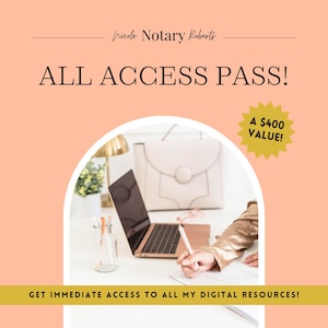 May include: A pink and white graphic with the text "ALL ACCESS PASS!" and "A $400 VALUE!" in gold. The graphic features a woman's hand writing on a notebook in front of a laptop computer.