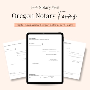 May include: A digital download of Oregon notary forms. The forms include a Jurat, Acknowledgment, and a Certification of Copy of a Document. The forms are in black and white on a white background.