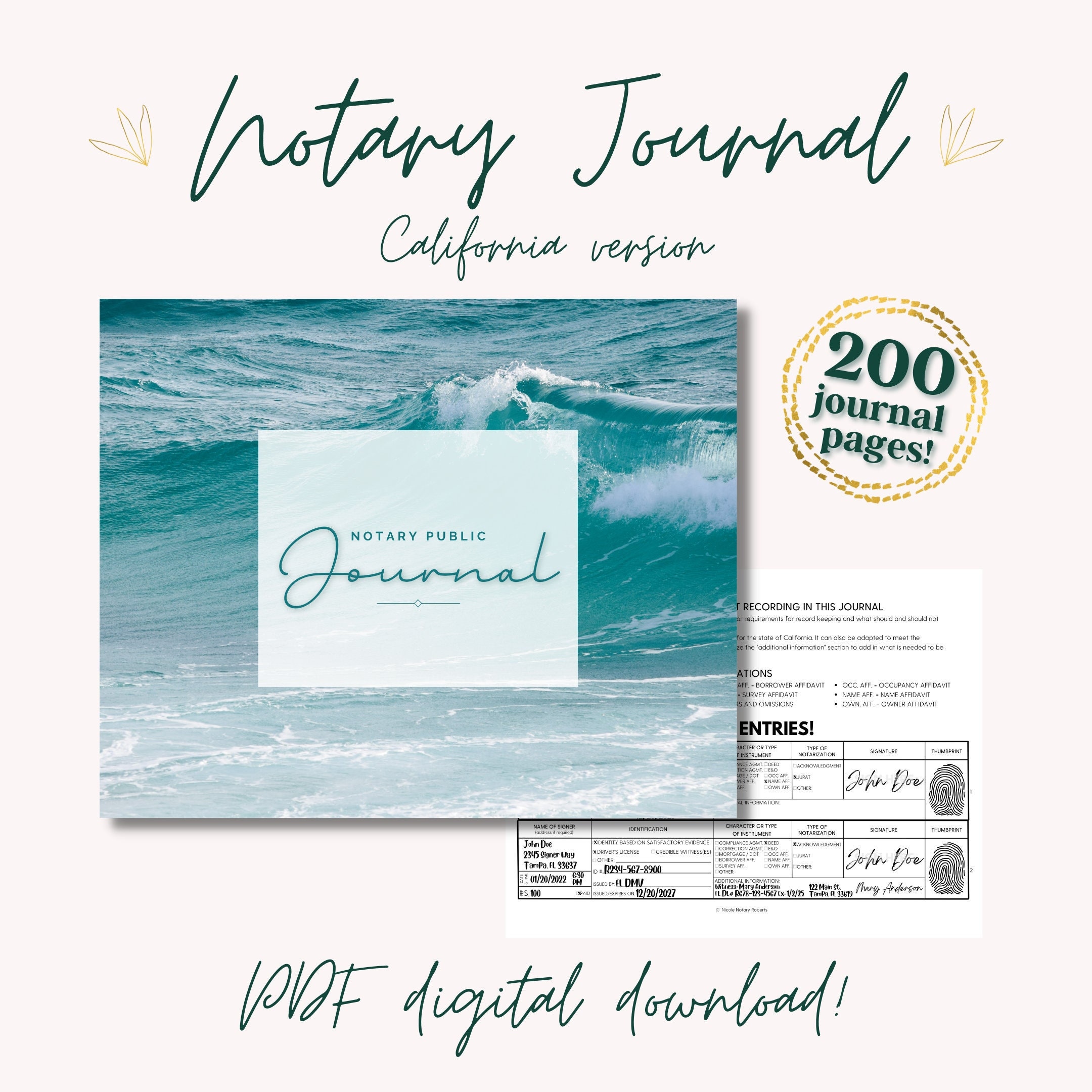 CALIFORNIA NOTARY JOURNAL Waves Design A Streamlined - Etsy