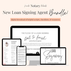 Puede incluir: Un paquete de descarga digital para nuevos agentes de firma de préstamos. El paquete incluye guiones útiles, listas de verificación y recursos. La imagen muestra una computadora portátil, una tableta y un teléfono que muestran el contenido del paquete. La pantalla de la computadora portátil muestra el texto "El flujo de una firma de préstamo: ¡De principio a fin! Rápido, eficiente y organizado". La pantalla de la tableta muestra el texto "¡Pasos para una configuración exitosa!" La pantalla del teléfono muestra el texto "Samira Hadid, Agente de firma de préstamos".