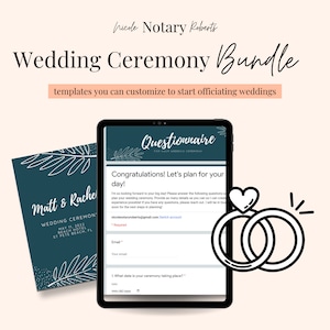 以下が含まれることがあります： ターコイズブルーの背景に白い文字で「結婚式のためのアンケート」と表示されたデジタルタブレットの画面。アンケートには、カップルの名前、メールアドレス、結婚式の日付を尋ねる質問が記載されています。画面には、ハート型の2つの結婚指輪のグラフィックも表示されています。