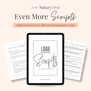 Puede incluir: Una descarga digital de 30 guiones de documentos de préstamo para firmas sin problemas. La portada presenta una ilustración en blanco y negro de un guion de documento de préstamo con el texto "Loan Document Scripts" y "For Smooth Signings!" La portada también incluye el texto "@nicole.notary.roberts".