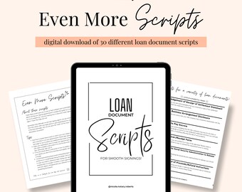 May include: A digital download of 30 loan document scripts for smooth signings. The cover features a black and white illustration of a loan document script with the text "Loan Document Scripts" and "For Smooth Signings!" The cover also includes the text "@nicole.notary.roberts".
