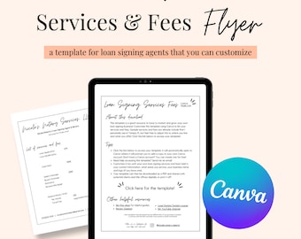 Op de afbeelding: Een digitale flyer-sjabloon voor hypotheekondertekenaars. De flyer staat op een tabletscherm en heeft een blauw en paars Canva-logo. De flyer heeft de titel "Kosten voor hypotheekondertekeningsdiensten" en bevat informatie over de sjabloon, tips voor het gebruik ervan en andere nuttige bronnen.