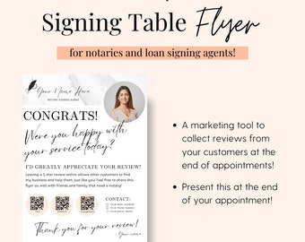 May include: A white flyer with a black and white marble background. The flyer is for a notary signing agent and has a photo of a woman smiling. The flyer says "Congrats! Were you happy with your service today? I'd greatly appreciate your review!" and has QR codes for Yelp, Google, and TheMetaCheck. The flyer also has a contact section with space for the notary's email address, phone number, and social media.