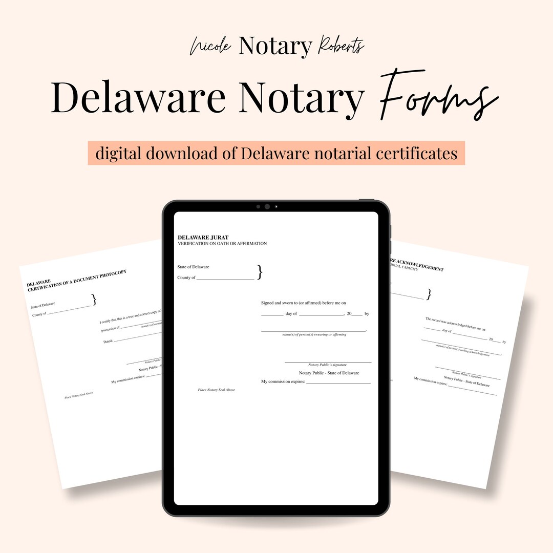 DELAWARE Jurat, Acknowledgment, & Certified Photocopy Forms for