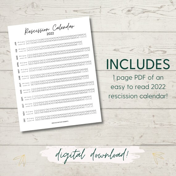 2022 Rescission Calendar 2022 Rescission Calendar For Loan Signings | Etsy Ireland