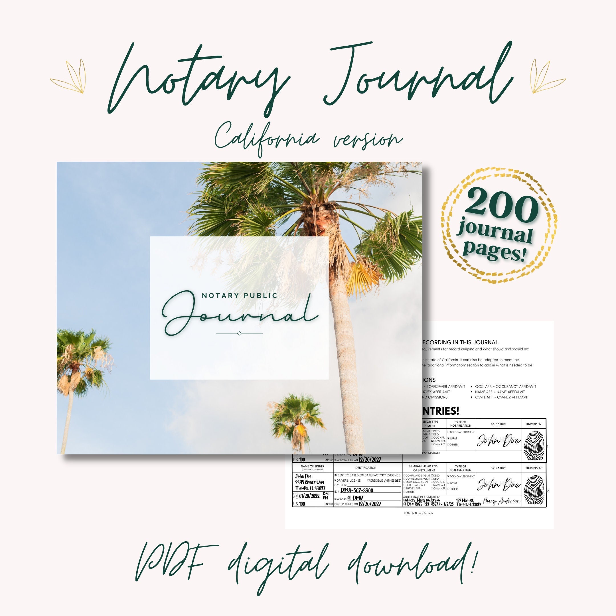 CALIFORNIA NOTARY JOURNAL Palm Trees Design A Streamlined - Etsy