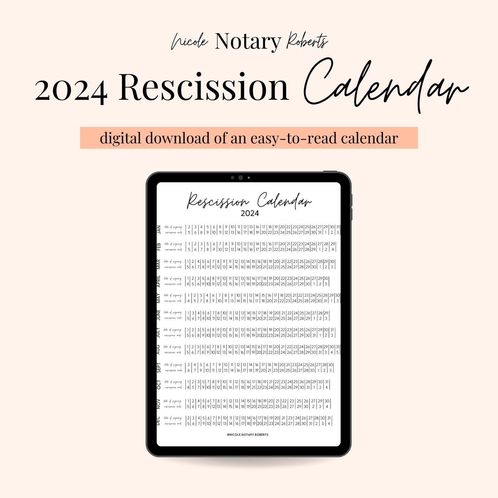2024 Rescission Calendar for Loan Signings Etsy